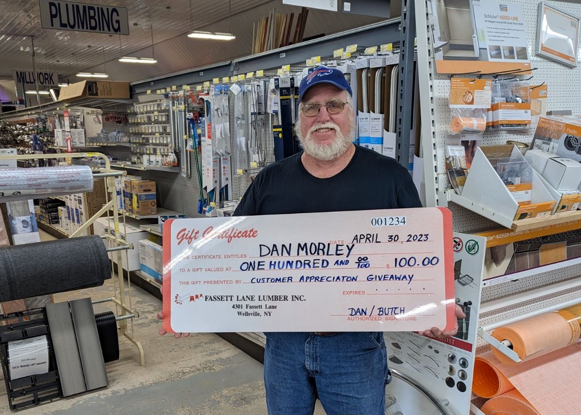 Fassett Lane Lumber announces April winner is Dan Morley from Gold,P.A