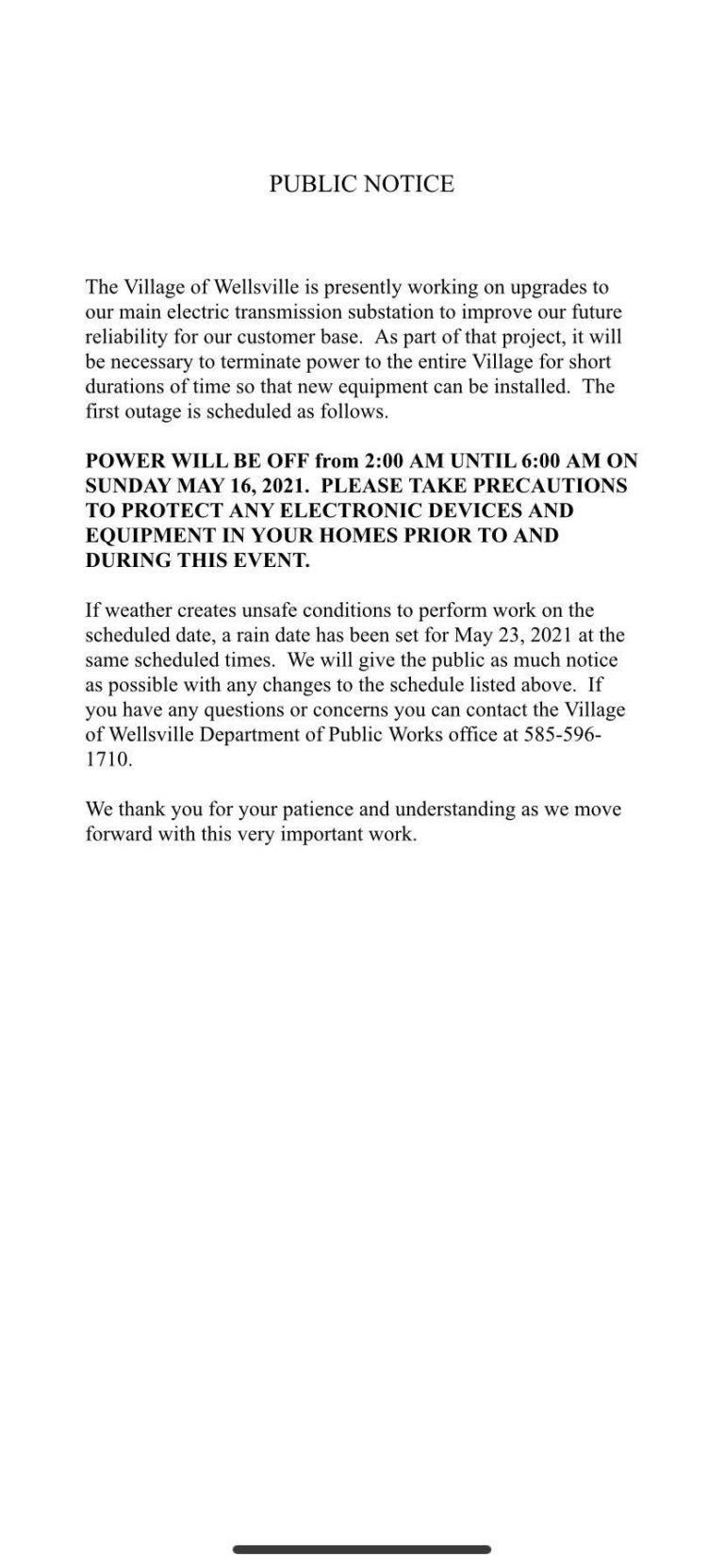 Village Of Wellsville Planned Power Outage For May 16th Transmission