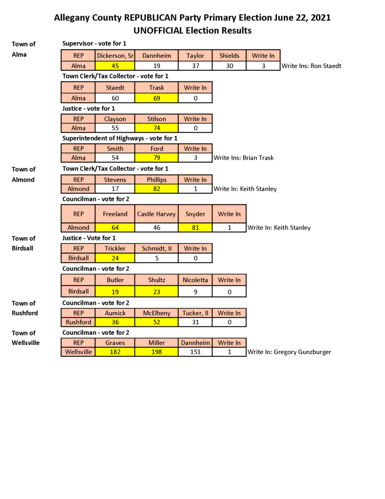Detailed Vote Tally From Allegany County Republican Primary Election
