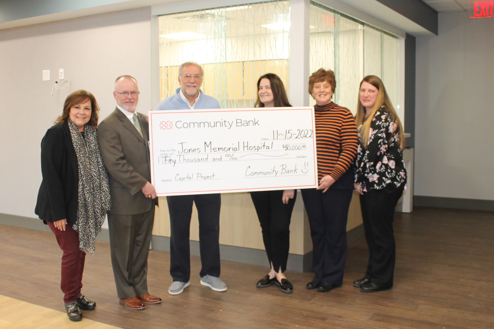 Jones Memorial Hospital announces a 50,000 pledge from Community Bank