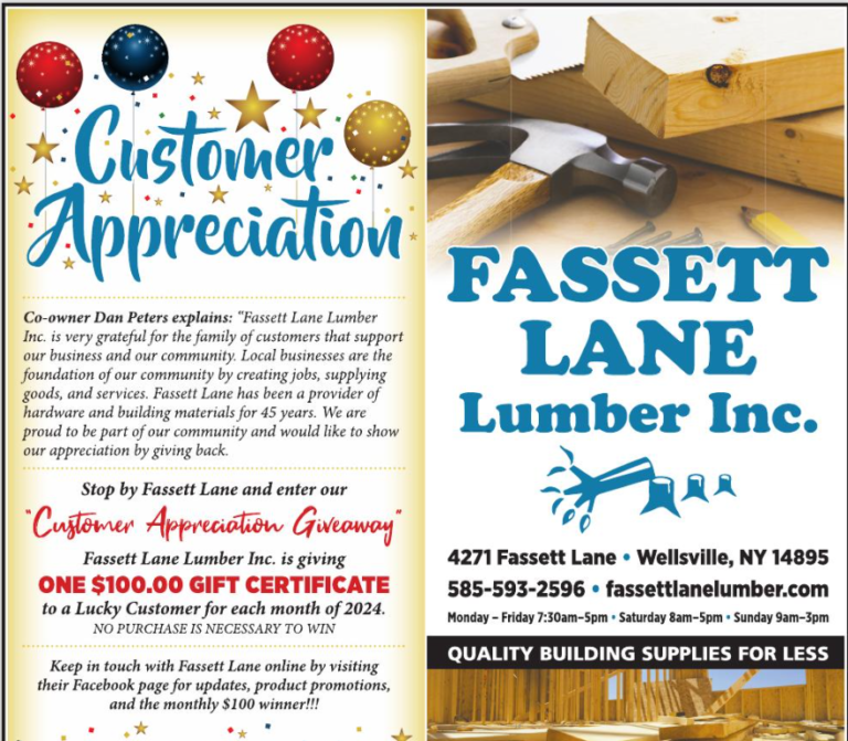 Fassett Lane Lumber to continue 100 monthly prize for 2024 ! THE